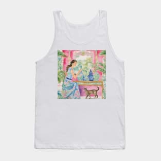 Girl in preppy dress and her cat in chinoiserie interior Tank Top